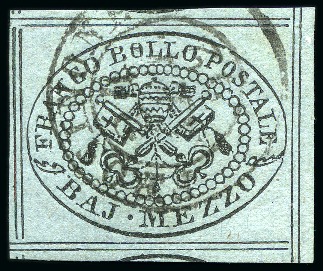 Stamp of Italian States » Papal States 1852, 1/2 b. grigio azzurro, usato (cert. Sorani 1997), e 4 b. bruno su frammento con d.c. di Senigallia (cert. Colla 2017), entrambi recanti gli otto filetti di separazione