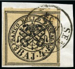 Stamp of Italian States » Papal States 1852, 1/2 b. grigio azzurro, usato (cert. Sorani 1997), e 4 b. bruno su frammento con d.c. di Senigallia (cert. Colla 2017), entrambi recanti gli otto filetti di separazione