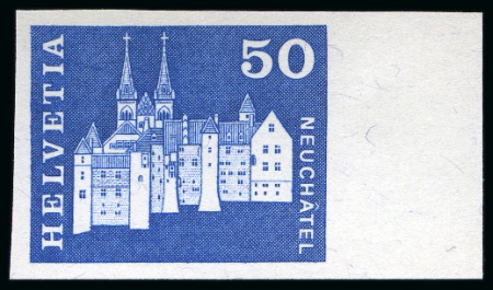 Stamp of Switzerland / Schweiz » Schweiz ab 1907 1964, 50 Rp. "Neuenburg" blau, ungezähnt mit breitem Bogenrand