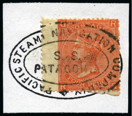 Stamp of Chile P.S.N.C. 1865-67, Great Britain 4d vermilion showing oval framed "PACIFIC STEAM NAVIGATION COMPANY/S. S./PATAGONIA" hs