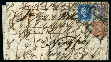 Stamp of Great Britain » 1854-1900 Postal History of the Perforated Line Engraved and Surface Printed Issues 1857 (Feb 25) Wrapper to NINGPO, CHINA, with 1856-58 1d, 1854-57 2d blue and 1855-57 6d all tied by the "Madeline Smith" Glasgow experimental cancels