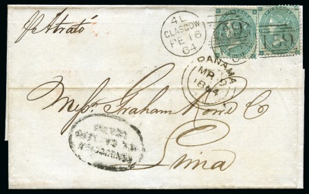 Stamp of Great Britain » 1854-1900 Postal History of the Perforated Line Engraved and Surface Printed Issues 1864 (Feb 16) Wrapper to PERU from Glasgow (Scotland) with two 1862-64 1s deep green tied by neat "159" duplexes