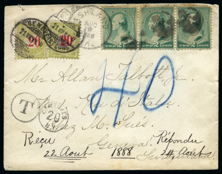 Stamp of Switzerland / Schweiz » Nachportomarken (Auslandsbriefe) 1888 US 2c green (strip of 3) on underpaid cover from