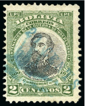 Stamp of Bolivia 1911, the Villa Bella Provisional 20c on 2c green and