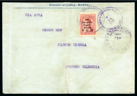 Stamp of Colombia » Airmails 1919, 2c carmine rose, position 9, used on First Experimental Flight cover