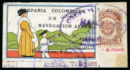 Stamp of Colombia » Airmails 1920, 10c "Woman and Boy Watching Plane", used on small