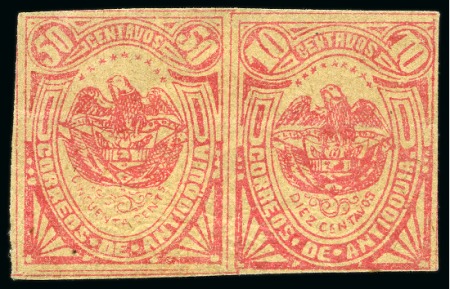 Stamp of Colombia » States - Antioquia 1886, 10c se-tenant 50c red cliché error, pos. 14-15,