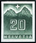 Stamp of Switzerland / Schweiz 1956 Zwei geschnittene Probedrucke aus dem Bickel Archiv, "Mythen" und "Schwurhände" auf gummiertem Papier