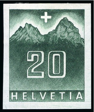 Stamp of Switzerland / Schweiz 1956 Zwei geschnittene Probedrucke aus dem Bickel Archiv, "Mythen" und "Schwurhände" auf gummiertem Papier