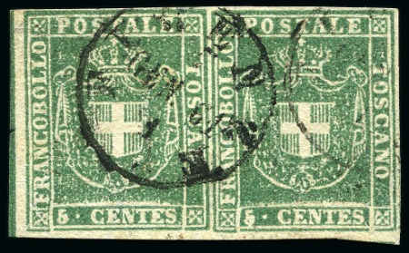 Stamp of Italian States » Tuscany 1860, 5 c. verde, coppia orizzontale con buoni margini