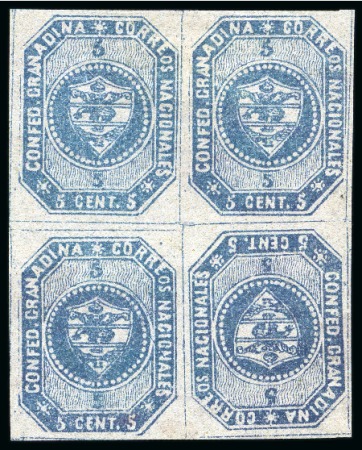 Stamp of Colombia 1859, 5c blue, stone B, TÊTE-BÊCHE contained in block of four, featuring inverted cliché at lower right, surrounded by ample even margins, unused without gum and remarkably fresh, superb; ex Londoño and Goeggel.