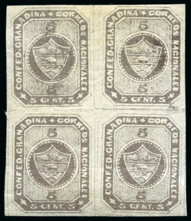 Stamp of Colombia 1860, 5c gray lilac, stone B, block of four, mint block of four