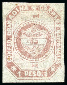 Stamp of Colombia 1859, 1p light rose on bluish, clear to large margins,