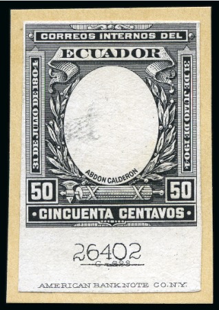 Stamp of Ecuador 1904, Capt. Calderón, complete set of six ABN stamp-size cut die proofs of the frames only