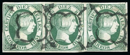 Stamp of Spain 1851 10r Green used strip of three with fine to large margins