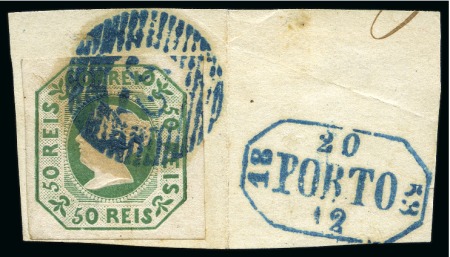 Stamp of Portugal 1853 50R Green used with good to large margins tied to piece by neat "52" numeral in blue