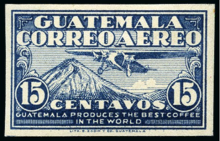 Stamp of Guatemala 1930, Airplane and Mount Agua, Byron Zadic & Co. seven essays for a proposed 15c value on imperf. gummed paper