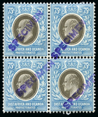 Stamp of Kenya, Uganda and Tanganyika » Kenya, Uganda and Tanganyika 1907-08 1c to 75c (missing 15c) in mint nh blocks of four with "SPECIMEN" overprint in violet