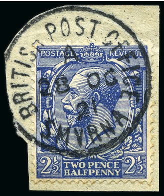 Stamp of Great Britain » King George V » 1912-24 Profile Head Issues 1912-24 2 1/2d ROYAL BLUE on small piece tied by nearly complete "BRITISH POST OFFICE / SYMRNA" cds