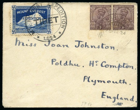 Stamp of Tibet 1924 Everest Expedition: 1924 (Jun 28) Envelope to England with Expedition label tied by "MT. EVEREST EXPEDITION / TIBET / 1924" black cachet
