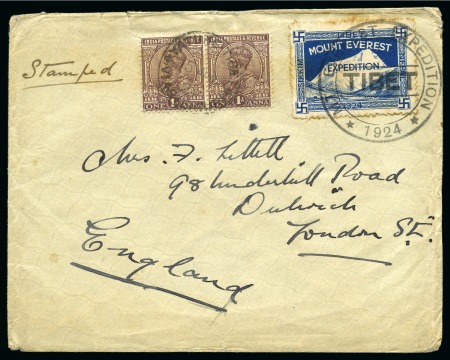 Stamp of Tibet 1924 Everest Expedition: 1924 (Jun 15) Envelope from Francis Helps, official artist for the expedition