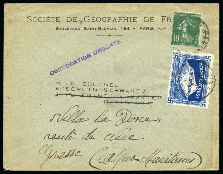 Stamp of Tibet 1924 Everest Expedition: 1925 Envelope from the French Geographical Society with Expedition label tied by Paris cds