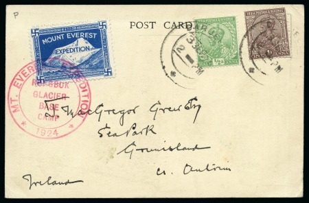 Stamp of Tibet 1924 Everest Expedition: 1924 Group of 12 Expedition postcards to various uncommon/unusual destinations with Expedition labels tied by "MT.EVEREST EXPEDITION / RONGBUK GLACIER BASE CAMP / 1924" cachets 