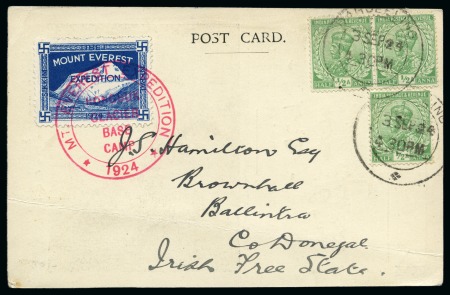 Stamp of Tibet 1924 Everest Expedition: 1924 Group of 5 Expedition postcards to various uncommon/unusual destinations with Expedition labels tied by "MT.EVEREST EXPEDITION / RONGBUK GLACIER BASE CAMP / 1924" cachets