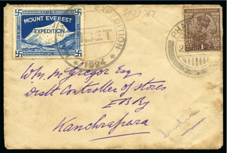 Stamp of Tibet 1924 Everest Expedition: 1924 (Jun 28) Envelope with Expedition label tied by "MT. EVEREST EXPEDITION / TIBET / 1924" cachet in black