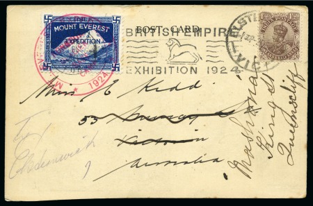 Stamp of Tibet 1924 Everest Expedition: 1924 Expedition postcard to AUSTRALIA with Expedition label tied by "MT.EVEREST EXPEDITION / RONGBUK GLACIER BASE CAMP / 1924" cachet