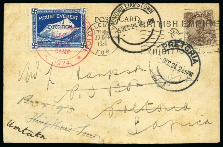 Stamp of Tibet 1924 Everest Expedition: 1924 (Oct 30) Expedition postcard to SOUTH AFRICA with Expedition label tied by "MT.EVEREST EXPEDITION / RONGBUK GLACIER BASE CAMP / 1924" cachet