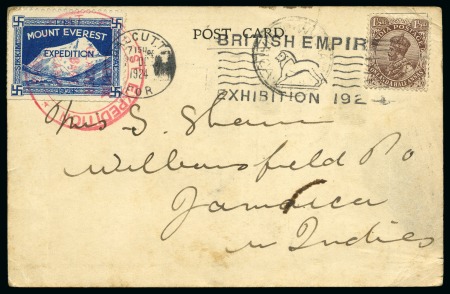 Stamp of Tibet 1924 Everest Expedition: 1924 (Oct 24) Expedition postcard sent to JAMAICA with Expedition label tied by "MT.EVEREST EXPEDITION / RONGBUK GLACIER BASE CAMP / 1924" cachet in red
