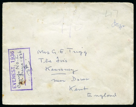 Stamp of Tibet 1936 Everest Expedition: 1936 (Jun 1) Envelope sent by John Morris (transport organiser) to England with "EVEREST, 1936" violet despatch cachet annotated "Camp No.I"