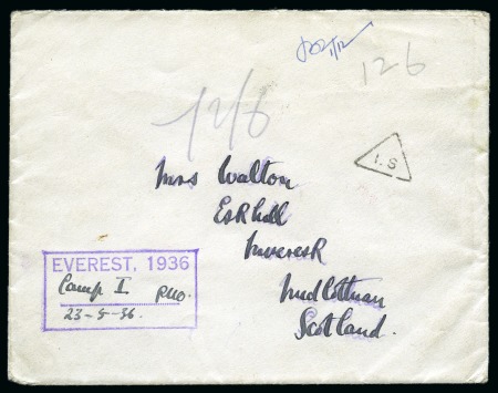 Stamp of Tibet 1936 Everest Expedition: 1936 (May 23) Envelope sent by climber Peter Oliver to Scotland with "EVEREST, 1936" violet despatch cachet annotated "Camp No.I", dated and initialled by him