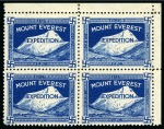 Stamp of Tibet 1924 Everest Expedition: Expedition labels, two mint  top right corner marginal blocks of four plus extra block