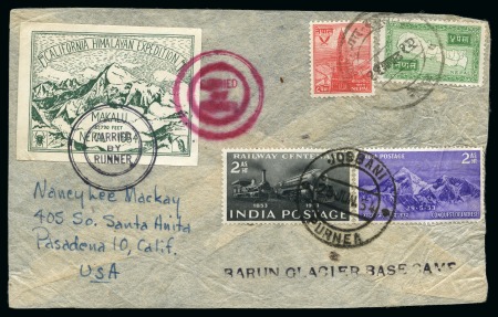 Stamp of Tibet 1954 California Himalayan Expedition: Group of five covers showing the three different coloured Expedition labels, with green (the scarcest), red (2) and blue (2)
