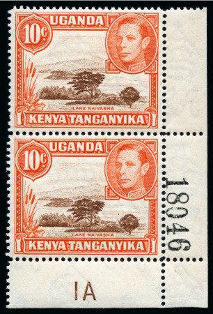 Stamp of Kenya, Uganda and Tanganyika » Kenya, Uganda and Tanganyika 1938-54 10c Red-Brown & Orange perf.14 in mint nh lower right corner marginal vertical pair with plate number and current number