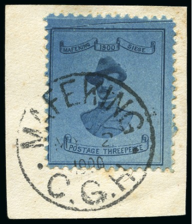 Stamp of South Africa » Mafeking 1900 Baden Powell 3d (21mm wide) pale blue on blue showing variety cracked plate at top, pos.9, tied to piece