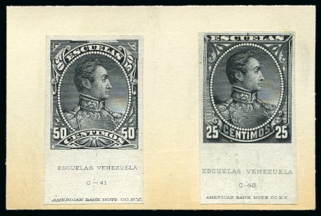 Stamp of Venezuela 1882, Escuelas 4th Issue, complete set of eight ABN proofs in black on thin white paper affixed to cards