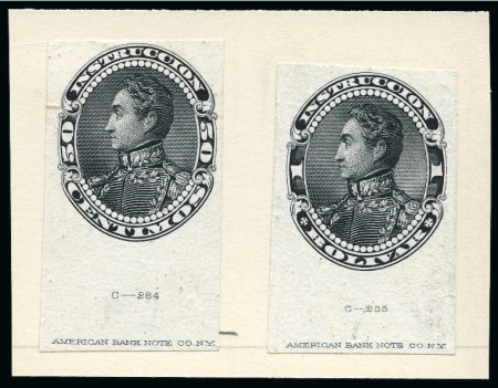 Stamp of Venezuela 1882, "Instrucción" Bolívar, complete set of eight ABN proofs in black on thin white paper affixed to cards