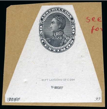 Stamp of Venezuela 1893, "Instrucción" Bolívar, complete set of eight ABN proofs in black on thin white paper affixed to cards, in addition 50c proof with marginal "SOFT LAYDOWN OF C-284" imprint 