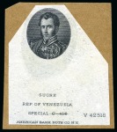 Stamp of Venezuela 1915-22, Postal Fiscals, complete set of 1915 nine ABN proofs in black on thin white paper affixed to individual cards,