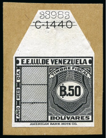 Stamp of Venezuela 1940, "Timbre Fiscal" used for postage, complete set of ten (5c to 50b) ABN proofs in black on thin white paper affixed to single cards