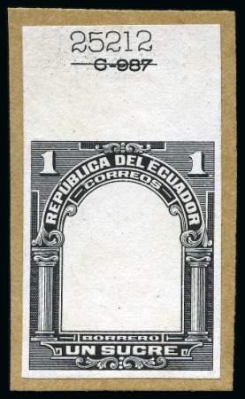 Stamp of Ecuador 1911-28, Presidents and Colonel Váldez, complete sets of six and three duos of black proofs for the 1911-28 and 1915-17 issues, on thin white paper affixed to individual cards, 