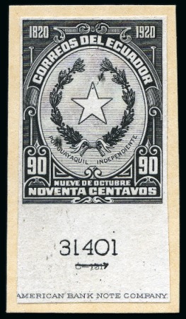 Stamp of Ecuador 1920, Centenary of the Independence of Guayaquil, complete set of 20 ABN black proofs on thin white paper affixed to individual cards, 