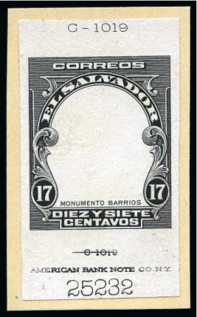 Stamp of Salvador 1912 Issue, complete set of ten values, each represented set of being all values represented in one duo of ABN black proofs on thin white paper affixed to individual cards,
