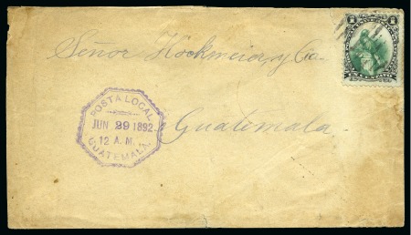 Stamp of Guatemala 1881, 1c black and green, tied by barred obliterator on local cover 