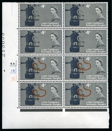 Stamp of Great Britain » Queen Elizabeth II 1965 Joseph Lister 4d, normal paper, with BROWN-RED OMITTED (tube) in lower left corner marginal cylinder block of 8 (4 examples)