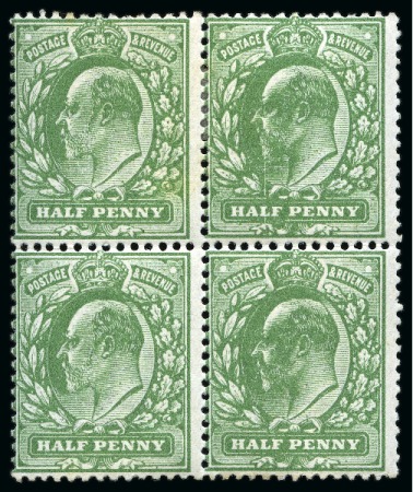 Stamp of Great Britain » King Edward VII » 1911 Harrison & Sons Issues 1911 Harrison 1/2d olive green mint block of four, with right vertical pair showing "full beard" variety and vertical scratch