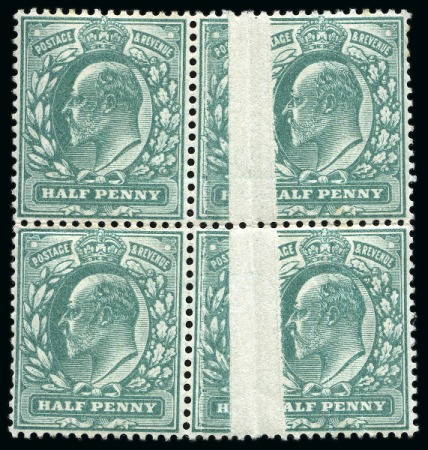 Stamp of Great Britain » King Edward VII » 1902-10 De La Rue Issues 1902-10 De La Rue 1/2d blue-green mint block of four with dramatic vertical pre-printing paper fold variety